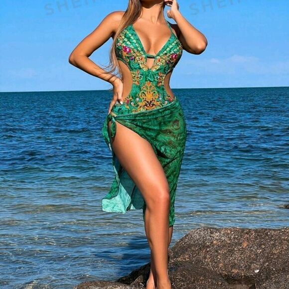 Green Floral Cutout Swimsuit - Picture 5 of 6